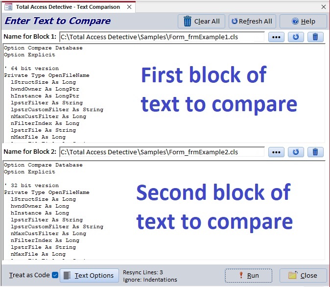 Compare any two blocks of text, modules, or classes from Microsoft Access, Excel, VBA, VB6, etc.